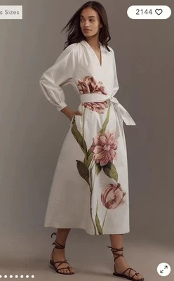 NWT BY ANTHROPOLOGIE BELTED V-NECK MIDI Dress White Floral V-neck Size XXS!! - Image 1 of 4