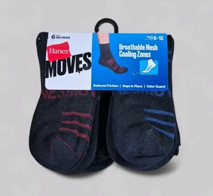 HANES Mens Socks Mid Crews Wicking Mesh Ventilation 6 Pair Shoe Size 6-12 Black - Picture 1 of 3