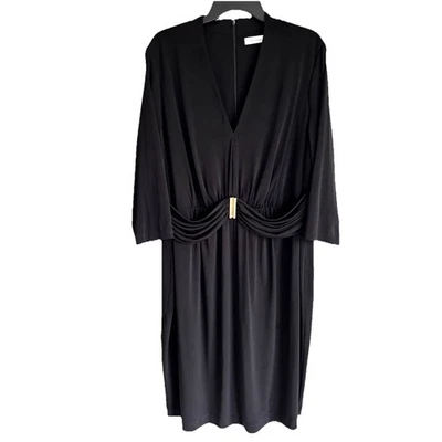 Calvin  Klein Sz 22W Black 3/4 Sleeve V-neck Ruched Waist Sliming Dress - Image 1 of 4