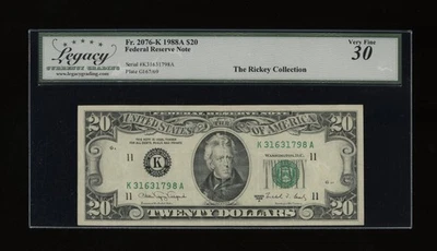 DBR 1988-A $20 FRN Dallas Fr. 2076-H Legacy 30 Serial K31631798A - Image 1 of 2