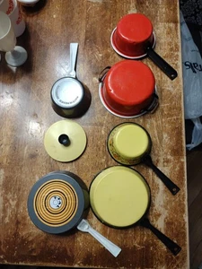 Lot Of 7 Pc Vintage 70s 80s 90s Kids Toy Cookware T-fal Yellow Mushrooms Lid - Picture 1 of 8