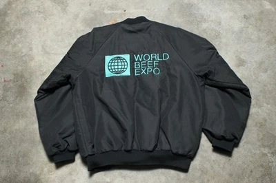 Vintage 90's World Beef Expo Black Bomber Button Snap Jacket - Made in USA - L - Image 1 of 4
