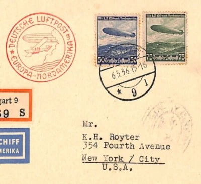 GERMANY ZEPPELIN Sieger Card Stuttgart Registered Air Mail 1936 Flight USA LZ118 - Image 1 of 4