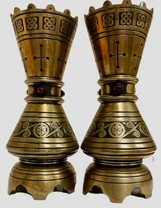 Pair of Gothic Revival Brass Spill Vases Antique Circa I880 British Jeweled - Picture 1 of 6