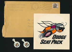 1968 Vintage "DODGE SCAT PACK" 6" x 6" Decal & (2) Buttons/Tabs w/ Mailer - Picture 1 of 3