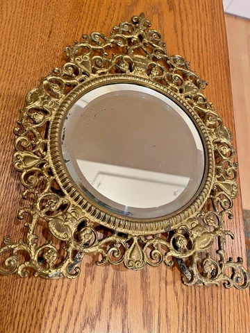 Antique Rare Brass Bronze French Table Vanity Mirror/Picture Frame Cover