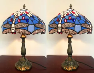 Pair of 2 Tiffany Flower Classic Stained Glass Table Lamp Bedside Lamp - Picture 1 of 9