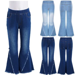 Kid Girls Pants Autumn Trousers School Jeans Daily Bell-bottom Denim Wide Leg - Picture 1 of 26