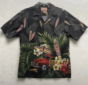 RJC Hawaii Black Vintage Woodie/Woody And Surfboards Floral Hawaiian Shirt - Picture 1 of 4