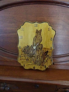 12" x 9" Wood Burned Owl Clock/Folk Art/Rustic - Picture 1 of 1