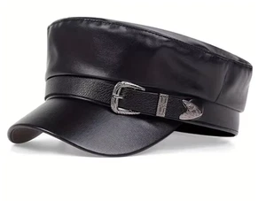 Ladies Women Girls Leather Baker Peaked Cap Newsboy Hat PU Metal Belt Buckle - Picture 1 of 6