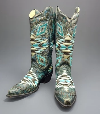 CORRAL E1008 AZTEC DISTRESSED TURQUOISE w/ METALLIC ACCENTS size 9 WOMEN'S BOOTS - Image 1 of 4
