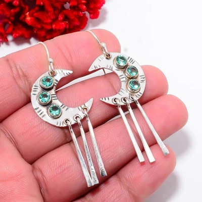 Brinco feito à mão de prata esterlina 925 pedra preciosa apatita 2,34" E103128 - Imagem 1 de 4