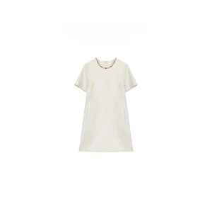 Vestido recto de mezcla de lino crema brillante escote con cuentas manga corta talla S-XXL - Imagen 1 de 8