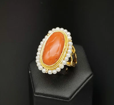 Anello donna stile antico vero corallo rosso perline argento 925 regolabile - Immagine 1 di 4