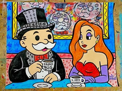 WILL STREET original painting 11x14/ monopoly art banksy jessica rabbit alec pop - Image 1 of 4