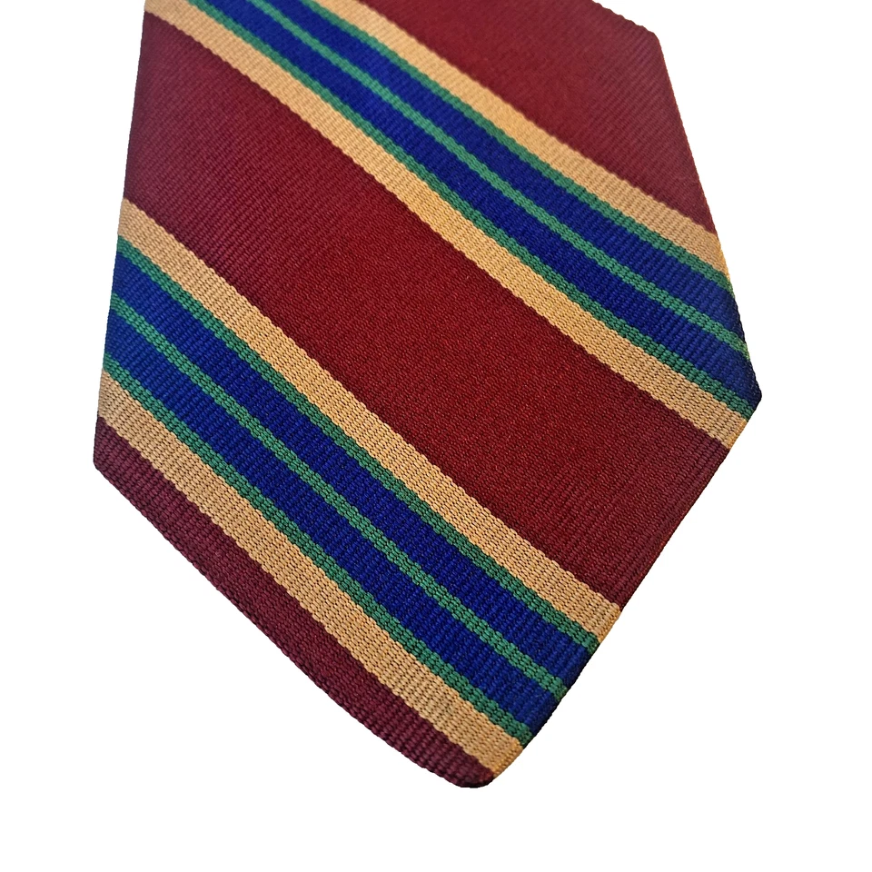 Винтажный мужской галстук Park Avenue Mayers в красную синюю золотую полоску из полиэстера Англия 90-е - Изображение 1 из 4