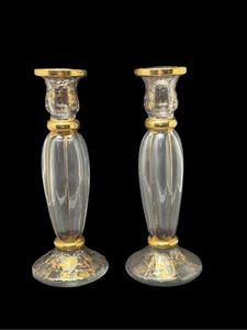 VTG Cristallerie Italian Candle Holders Pair Hand Blown Art Glass Gold Leaf 9" - Picture 1 of 6