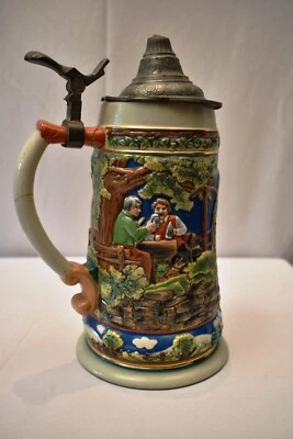 Vintage Tedesco Boccale Birra Tazza Brocca Dipinto a Mano Ceramica con Peltro - Immagine 1 di 4