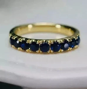 14k Yellow Gold Finish Eternity Engagement Band 1.50 Ct Simulated Blue Sapphire - Picture 1 of 3