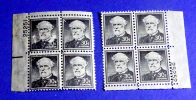 US 1049 ROBERT E. LEE (2) PLATE BLOCKS OF 4 SEE PHOTOS M/NO GUM & VERY DISTURBED - Image 1 of 2