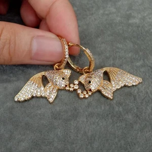 17x29mm Yellow Gold Plated Micro Pave Cz Fish Shape Earrings Hoop Earrings - Picture 1 of 6