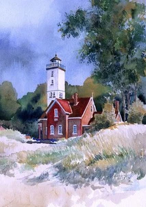 Presque Isle Leuchtturm, Lake Erie, Pennsylvania. James Mann Aquarelldrucke - Bild 1 von 2