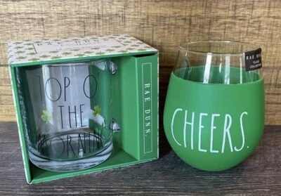 RAE DUNN Top O' The Morning Clear Glass Mug + CHEERS Wine Glass Set of 2 - Image 1 of 3