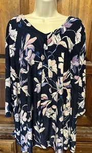 Top elástico de manga larga floral azul púrpura rosa azul talla grande 3X Catherines para mujer - Imagen 1 de 6