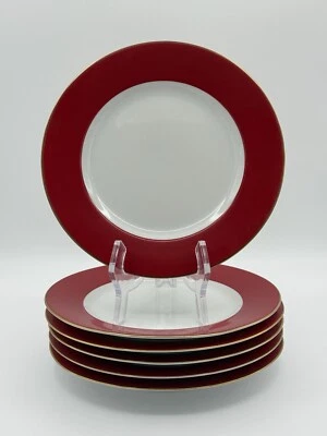 Set of 6 CRATE & BARREL Red Rim Gold Trim Salad Plates 8 1/4” Holiday Christmas - Image 1 of 4