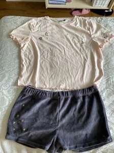 NEW TOPSHOP BABY PINK & NAVY SHORT PYJAMA SET WITH VELOUR BOTTOMS SIZE M - Picture 1 of 4