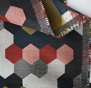 Vtg MCM Carnegie Maxwell Street Upholstery Fabric Hexagon Gray, Black, Red 2 yds - Picture 1 of 11