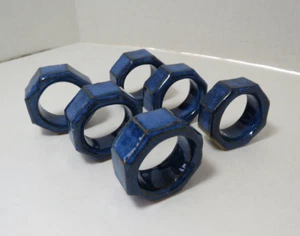 Set of Six Blue Thick Pottery Glazed Napkin Rings - Picture 1 of 6