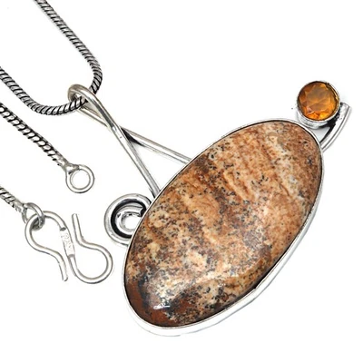 Pendant Picture Jasper Citrine Quartz Gemstone Handmade Silver Jewelry 1.75" - Image 1 of 4