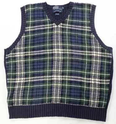 Raro Chaleco Suéter Vintage POLO RALPH LAUREN Cuadros Tartán Cuadros Años 90 Azul Verde M Foto 1 de 4