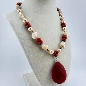 Handmade Faceted Red Glass Teardrop Shell Faux Pearl Beaded 19” Necklace - Picture 1 of 8