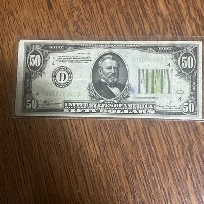 $50 1934 FRN LIGHT GREEN SEAL- 5 Digit - Cleveland - Image 1 of 4