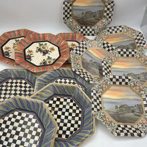 "Plato de papel octogonal floral a cuadros cortesanos 12 Mackenzie Childs High Banks 10""" - Imagen 1 de 9