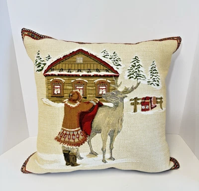 Hines of Oxford Pillowcase Tapestry Cover 18"x18" Winter Cabin Reindeer Girl EUC - Image 1 of 4