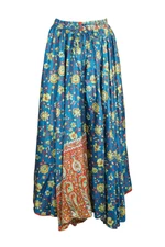 Boho Gypsy Hippy SKIRT BLUE Uneven Full Flare Printed Sari BEACH Maxi Skirt ML