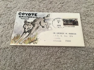 1976 COYOTE Cal, : signed FOLK ART WATERCOLOR Postal Cover GEORGE HARROD - Picture 1 of 2