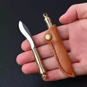 Mini Fixed Blade keychain Brass Knife w/ Leather Sheath Outdoor Camping EDC Tool - Picture 1 of 11