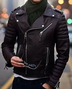 Mens Cool Quilted Biker Black Real Moto Leather Jacket - Picture 1 of 7