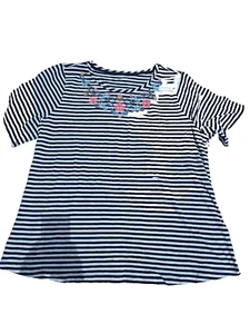 Croft & Barrow Women's Navy & White Stripped Floral Embroidered Blouse PLUS 2X - Picture 1 of 12