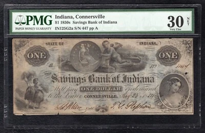 1850’s $1 THE SAVINGS BANK OF INDIANA CONNERSVILLE, IN OBSOLETE NOTE PMG VF-30 - Image 1 of 2