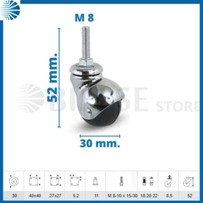 Ruote ruota piene per carrelli carrello mobili perno girevoli diametro 30 - Immagine 1 di 3