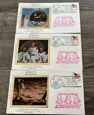 APOLLO 11 10th ANNIV NATIONAL POSTAGE SHOW NOV 8,1979 3 covers w/silk cachets - Image 1 of 4