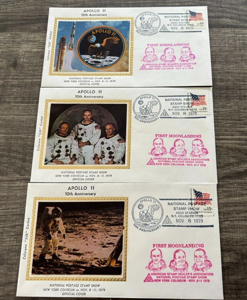 APOLLO 11 10th ANNIV NATIONAL POSTAGE SHOW NOV 8,1979 3 covers w/silk cachets - Image 1 of 4