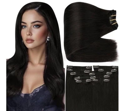 Full Shine Black Hair Extension Clip ins 24 Inch Seamless Human Hair Clip in ... - Image 1 of 4
