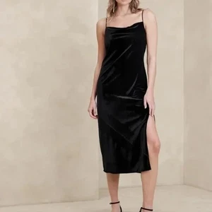 Banana Republic Black Velvet Strappy Cowl Neck Side Slit Midi Dress 12 NWT - Picture 1 of 8